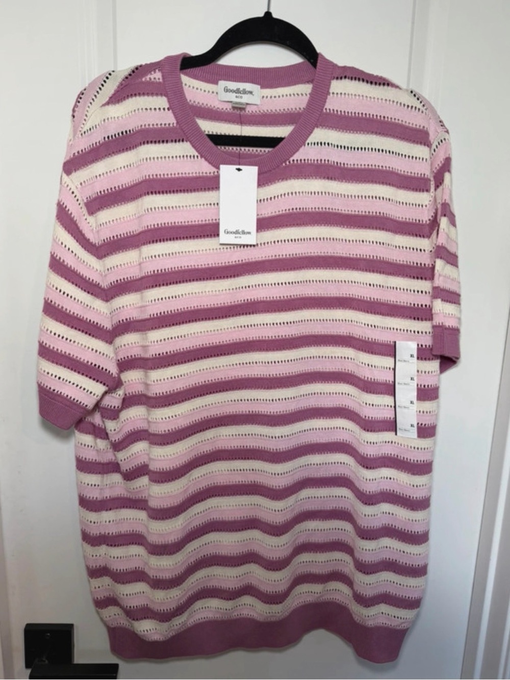 Goodfellow & Co Pink and Cream Striped Short-Sleeve Crewneck Sweater